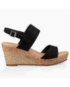 Sandales compensées en Velours de Cuir Elena noires - Talon 7.6 cm